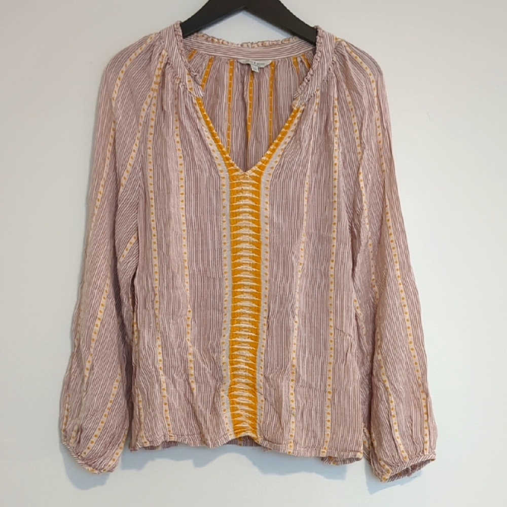 Lucky Brand Boho Striped Blouse with Embroidery XL